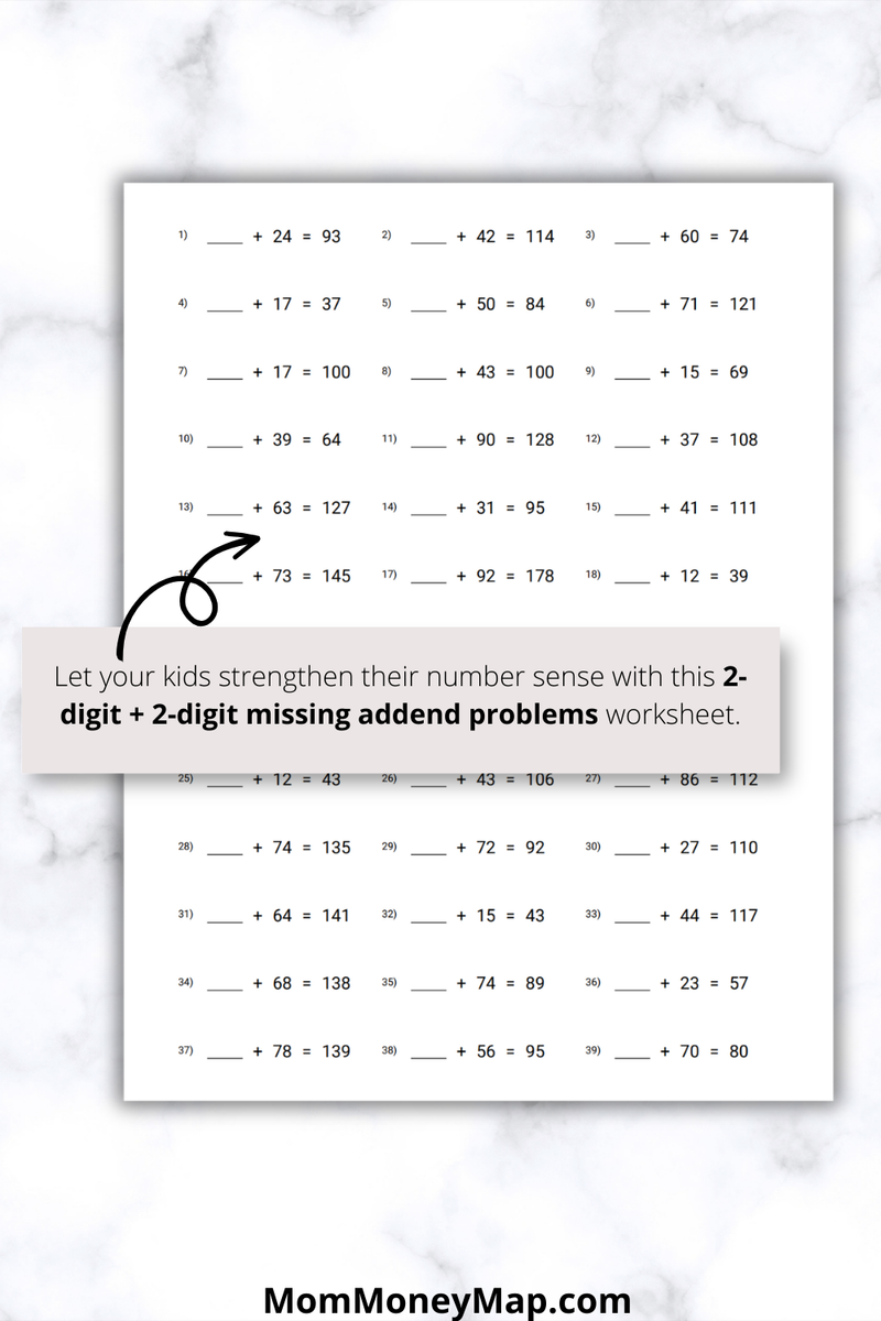 Missing Addend (2-Digits + 2-Digits) - 100 Pages Printable PDF – Mom ...