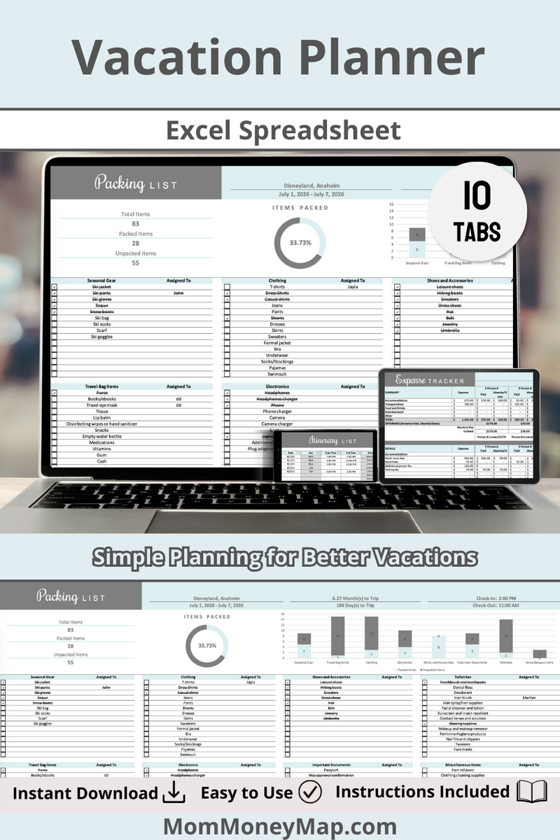 Vacation Planner Excel Spreadsheet | Sky Blue Travel Planner Tool – Mom ...