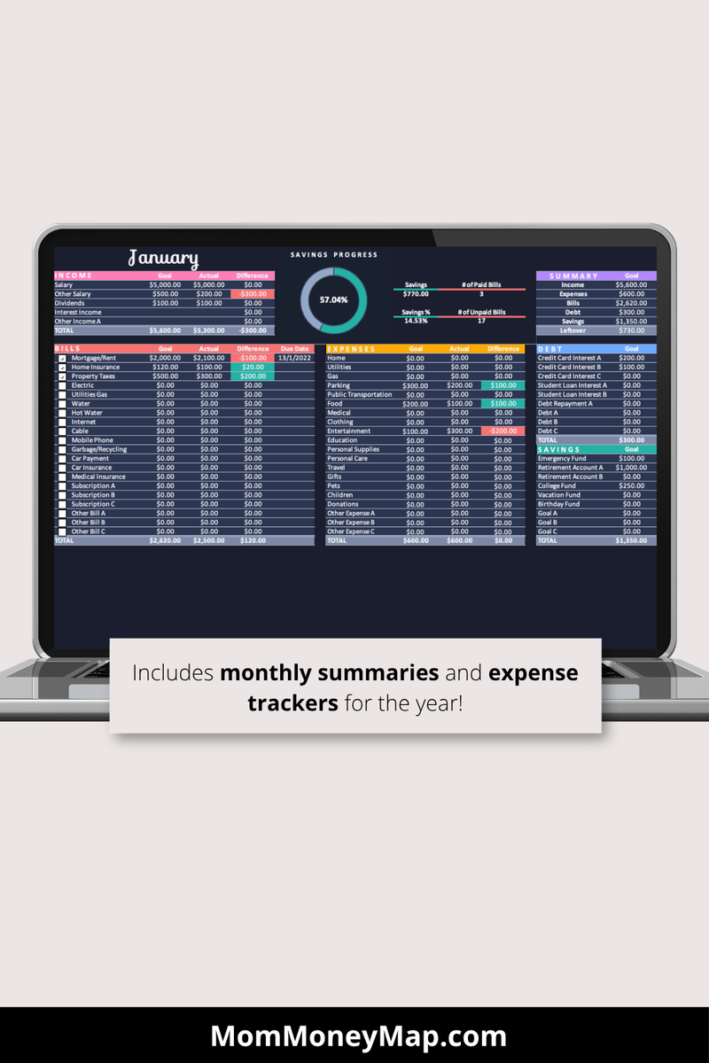 Monthly Budget Excel Spreadsheet Dark Theme Expense Tracker – Mom Money Map