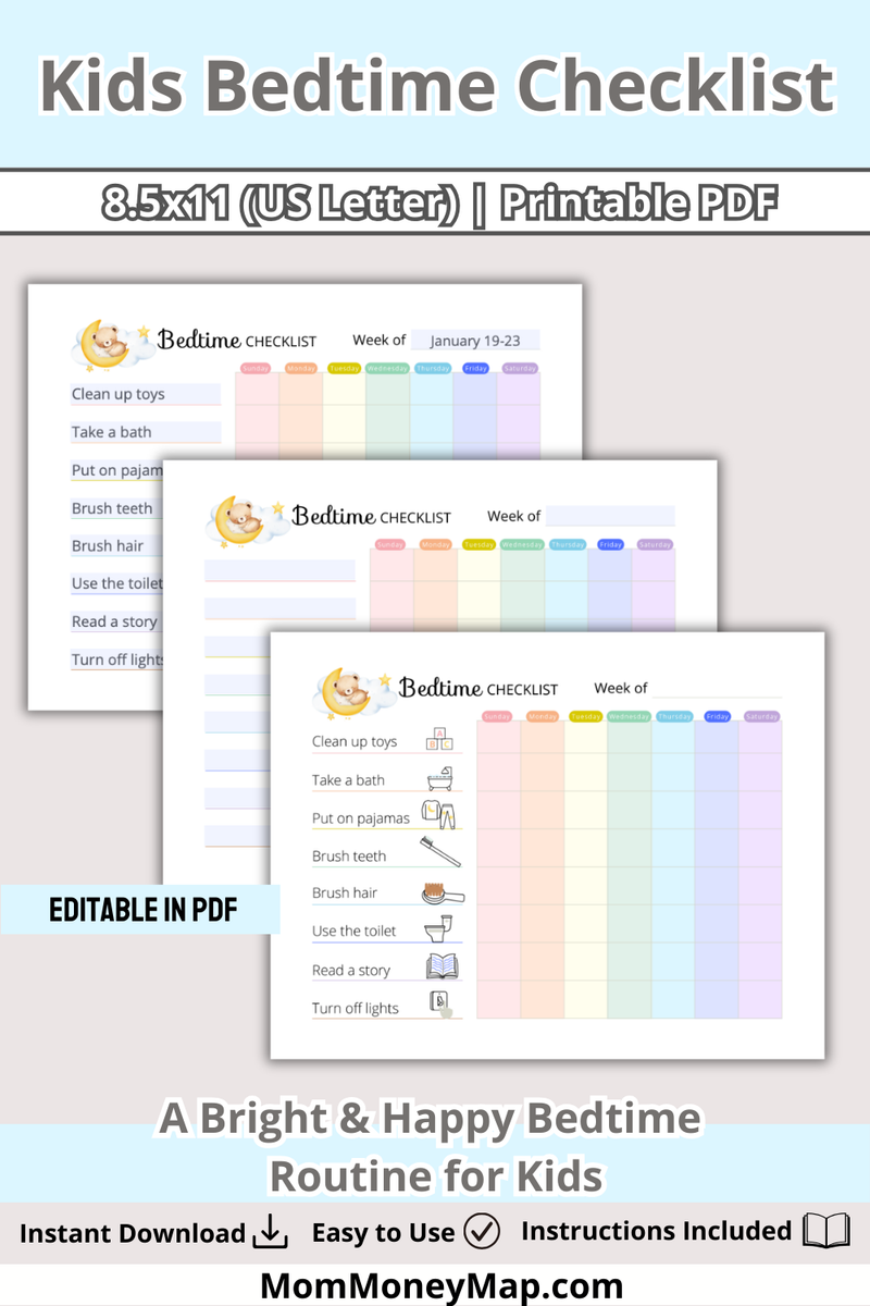 Colorful Kids Bedtime Checklist Printable PDF | Night Routine Chart ...