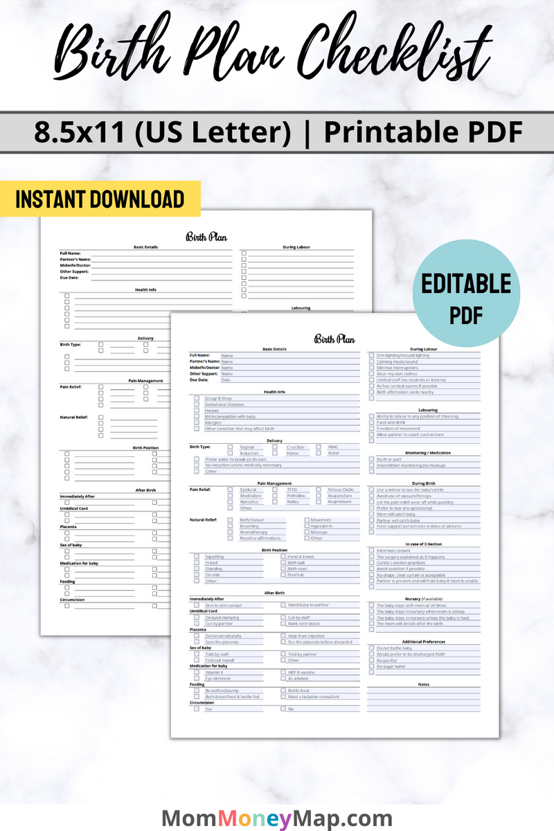 Birth Plan Checklist Printable PDF Mom Money Map Birth Plan Checklist Printable PDF Mom Money Map