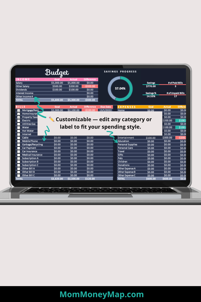 Simple Monthly Budget Excel Spreadsheet - Dark Mode – Mom Money Map