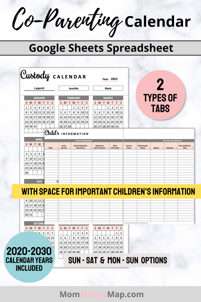 Co Parenting Calendar with Child Information Google Sheets Spreadsheet