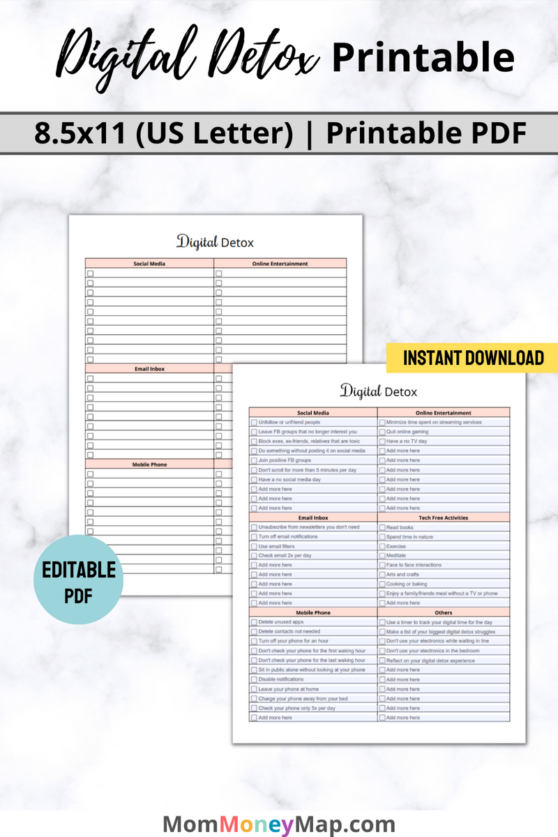 Digital Detox Printable PDF – Mom Money Map for Free Printable Order Forms For Crafts