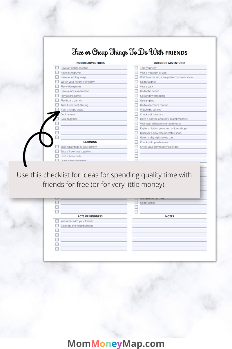 Free or Cheap Things To Do With Friends Printable PDF