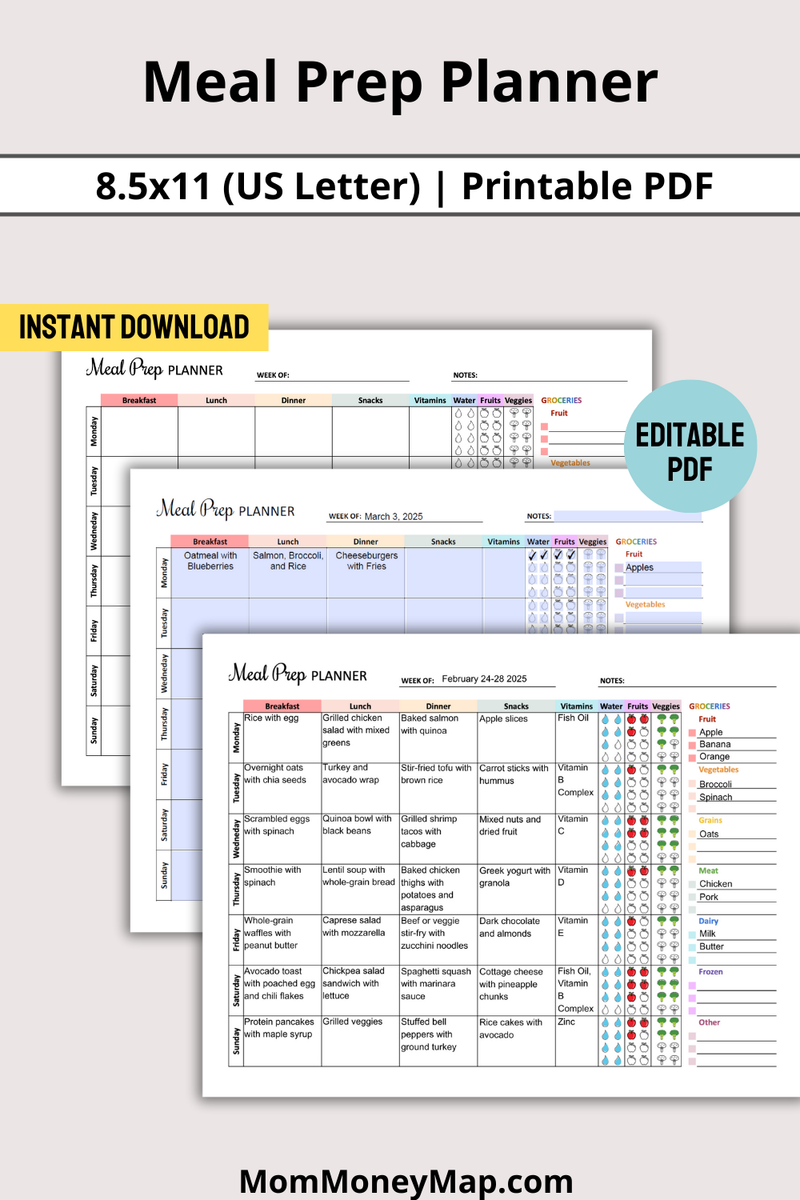 Multi-Colored Meal Prep Planner Printable PDF for Weekly Planning – Mom ...