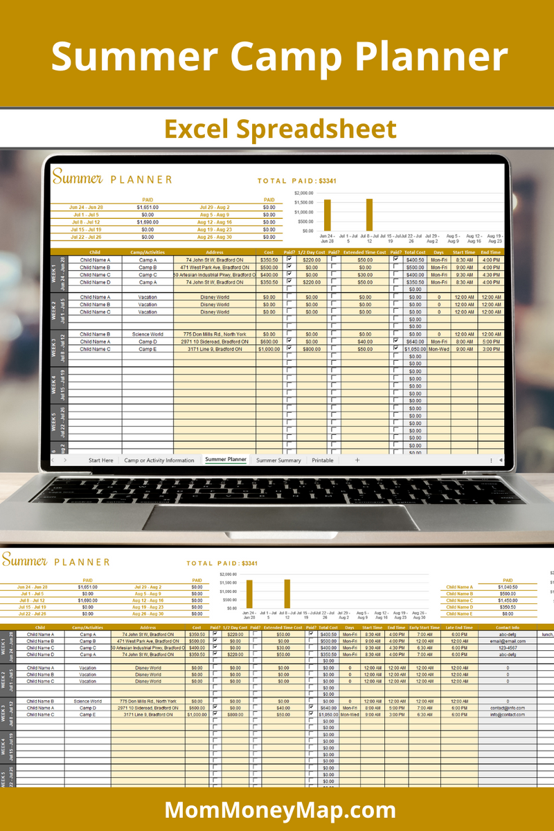 Summer Camp Tracker Excel Spreadsheet Mom Money Map