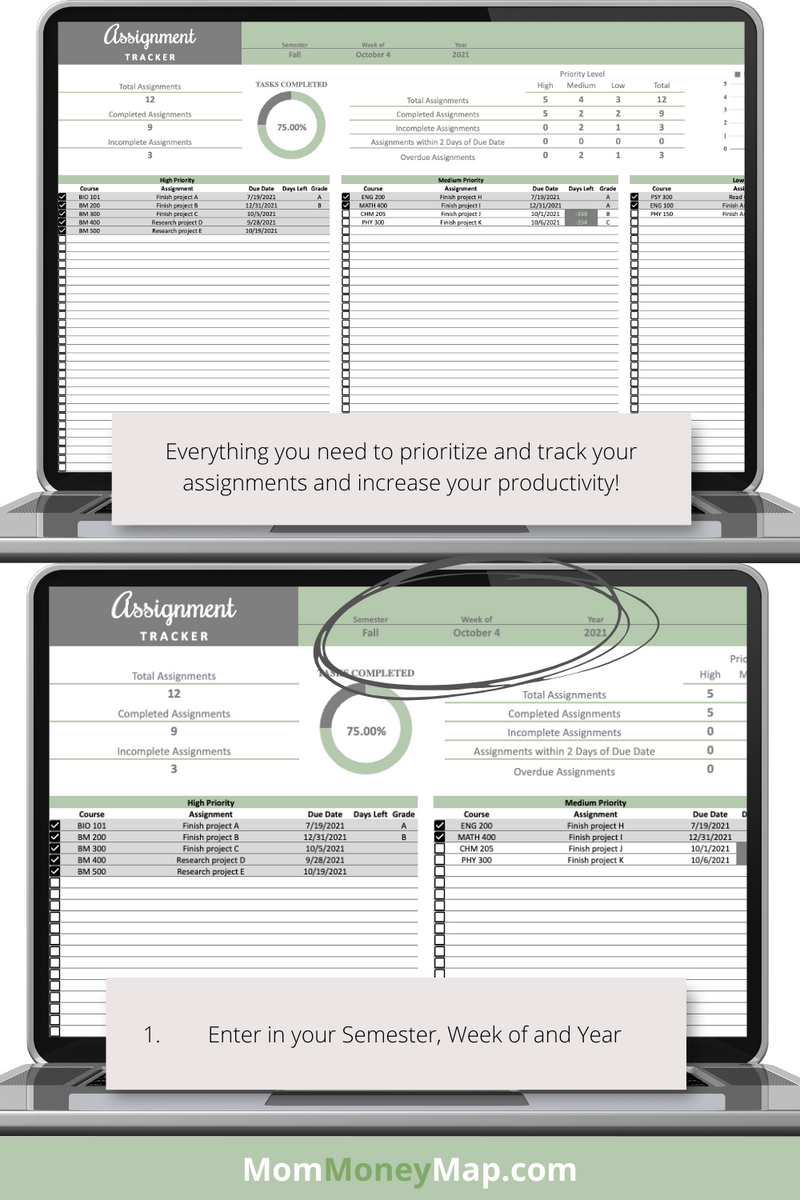 Assignment Tracker Google Sheets – Green Homework & Task Organizer ...