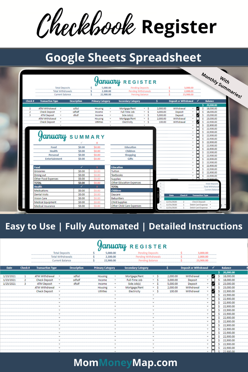 Checkbook Register Google Sheets Spreadsheet with Monthly Summaries