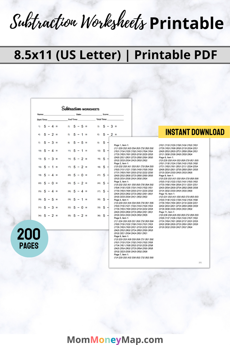 Subtraction Worksheets Printable PDF | Math Practice – Mom Money Map
