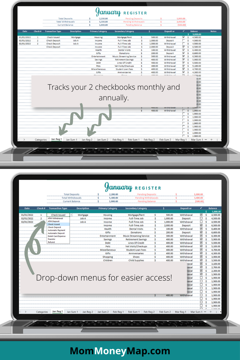 2 Checkbook Registers Excel Spreadsheet with Monthly & Annual Summarie ...