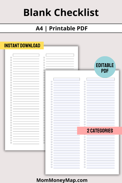 Blank Checklist Printable PDF A4 – 2 Categories for Organization – Mom ...