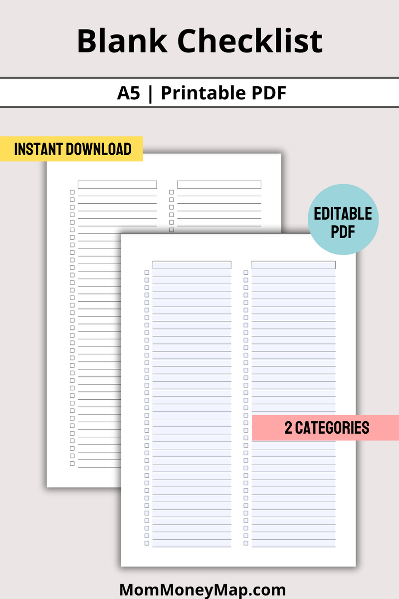 Plain Checklist.pdf Blank Checklist Printable PDF A5 – 2 Categories for Organization – Mom ...