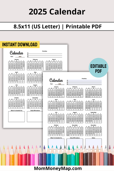 2025 calendar printable pdf