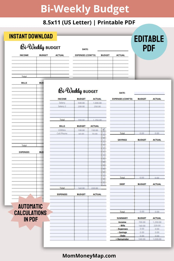 Bi-Weekly Budget Printable PDF with automatic calculations – Mom Money Map