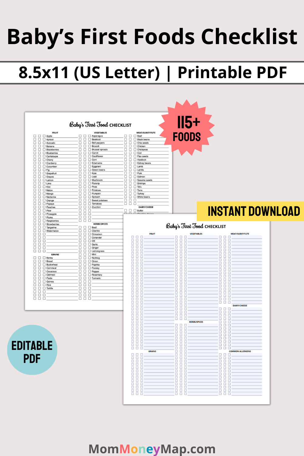 Baby's First Food Checklist Printable PDF - 115 Foods Prefilled – Mom Money Map baby-s-first-food-checklist-printable-pdf-115-foods-prefilled-mom-money-map