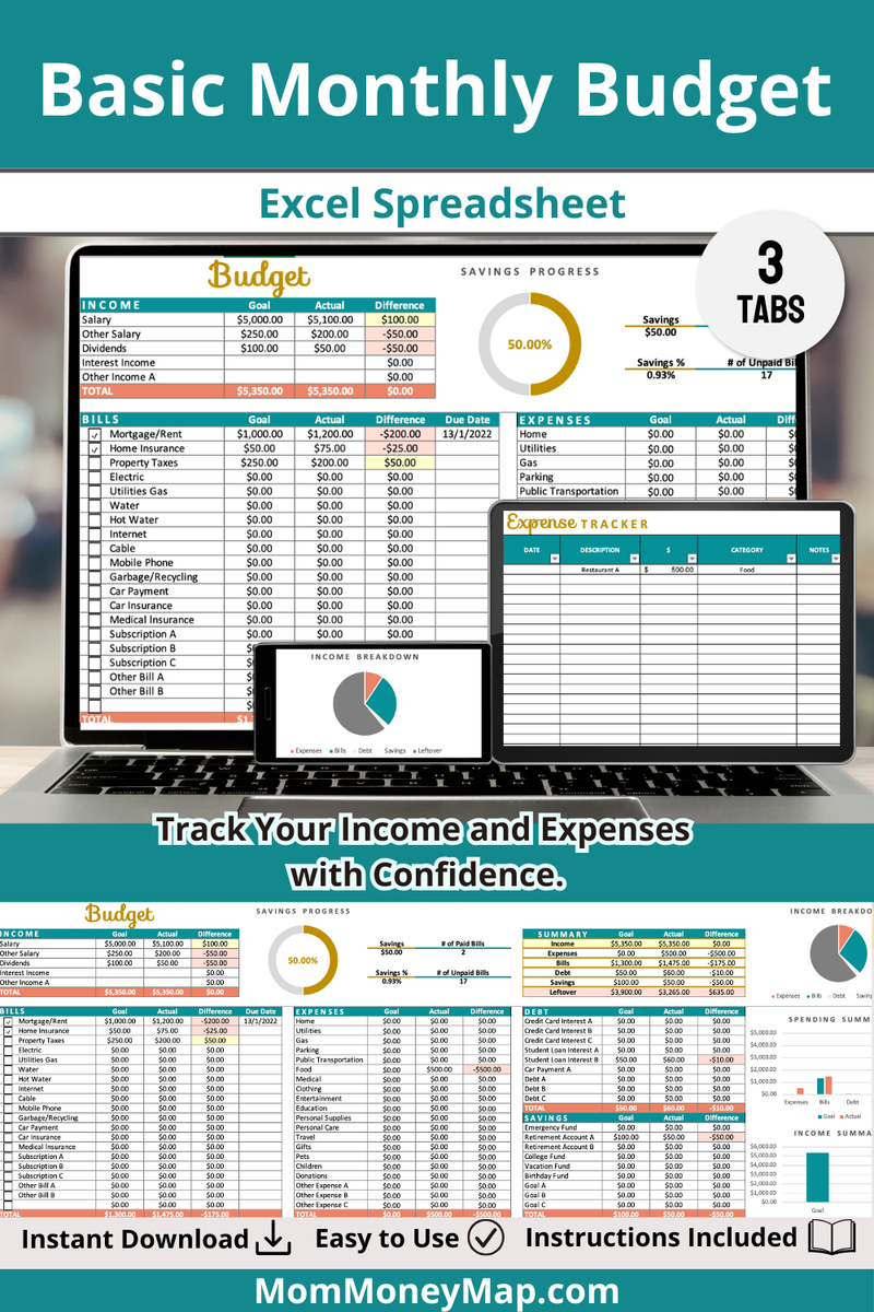 Basic Budget Excel Spreadsheet – Simple Monthly Income & Expense – Mom ...