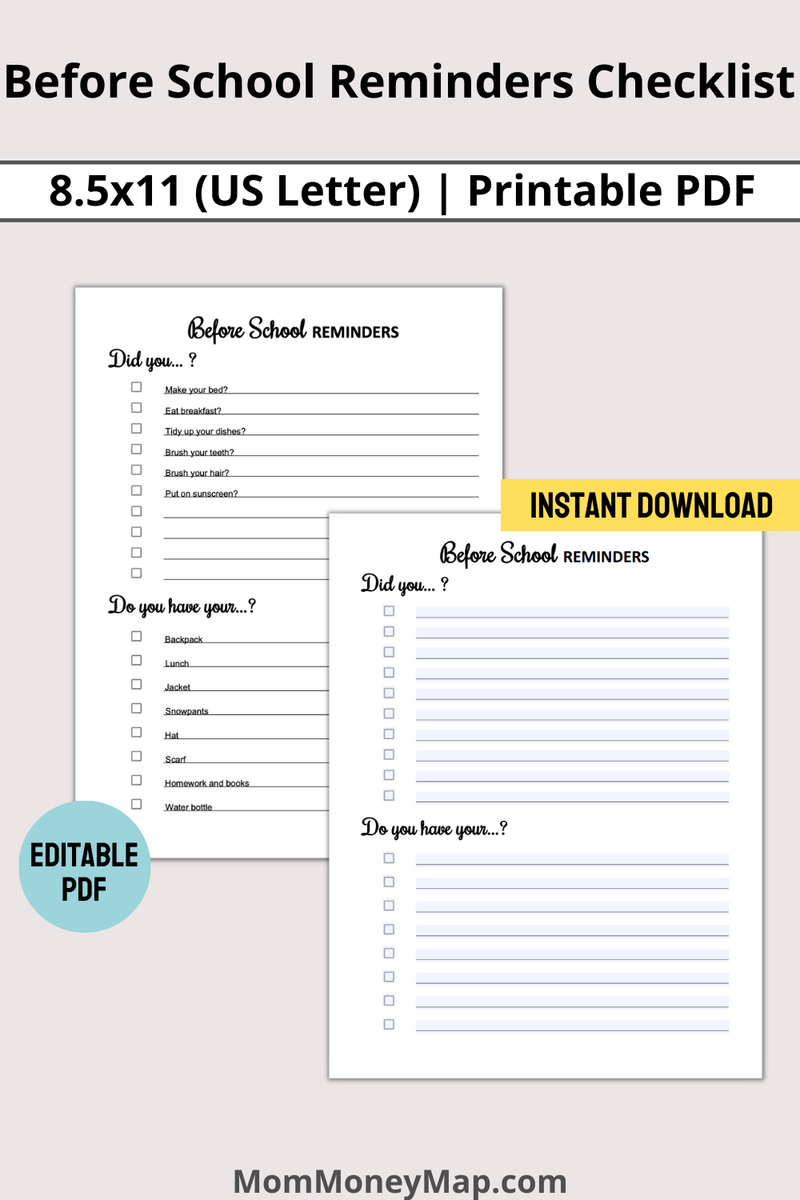 Printable Reminder List.pdf Before School Reminders Checklist Printable PDF – Mom Money Map