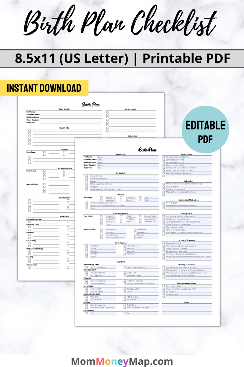 Birth Plan Checklist Printable PDF – Mom Money Map