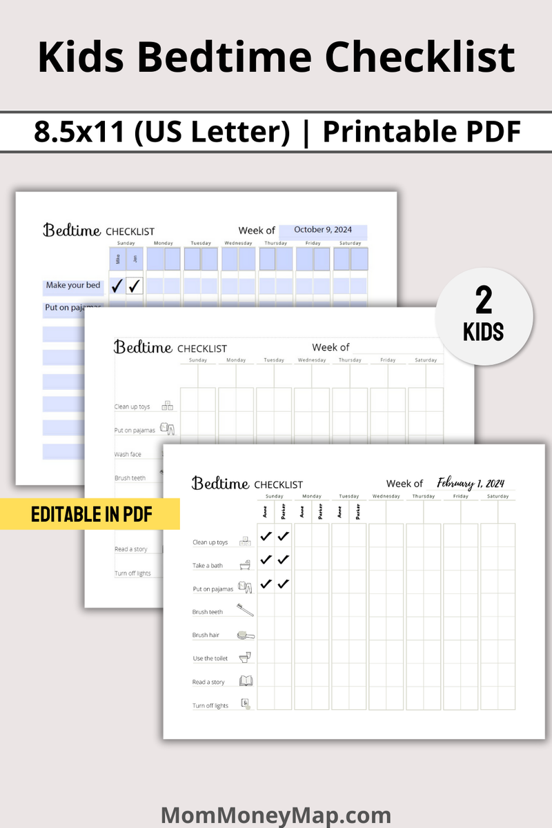 Kids Bedtime Checklist Printable PDF for 2 Children Night Routine – Mom ...