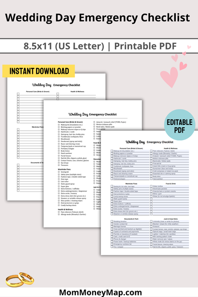 wedding day emergency checklist printable PDF for brides