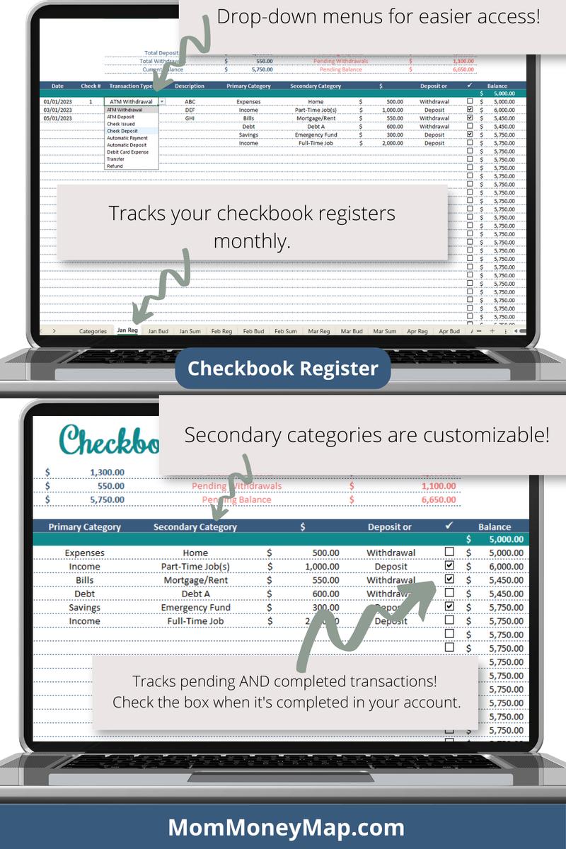 Checkbook and Monthly Budget with Annual Summaries Bundle Excel Spread ...