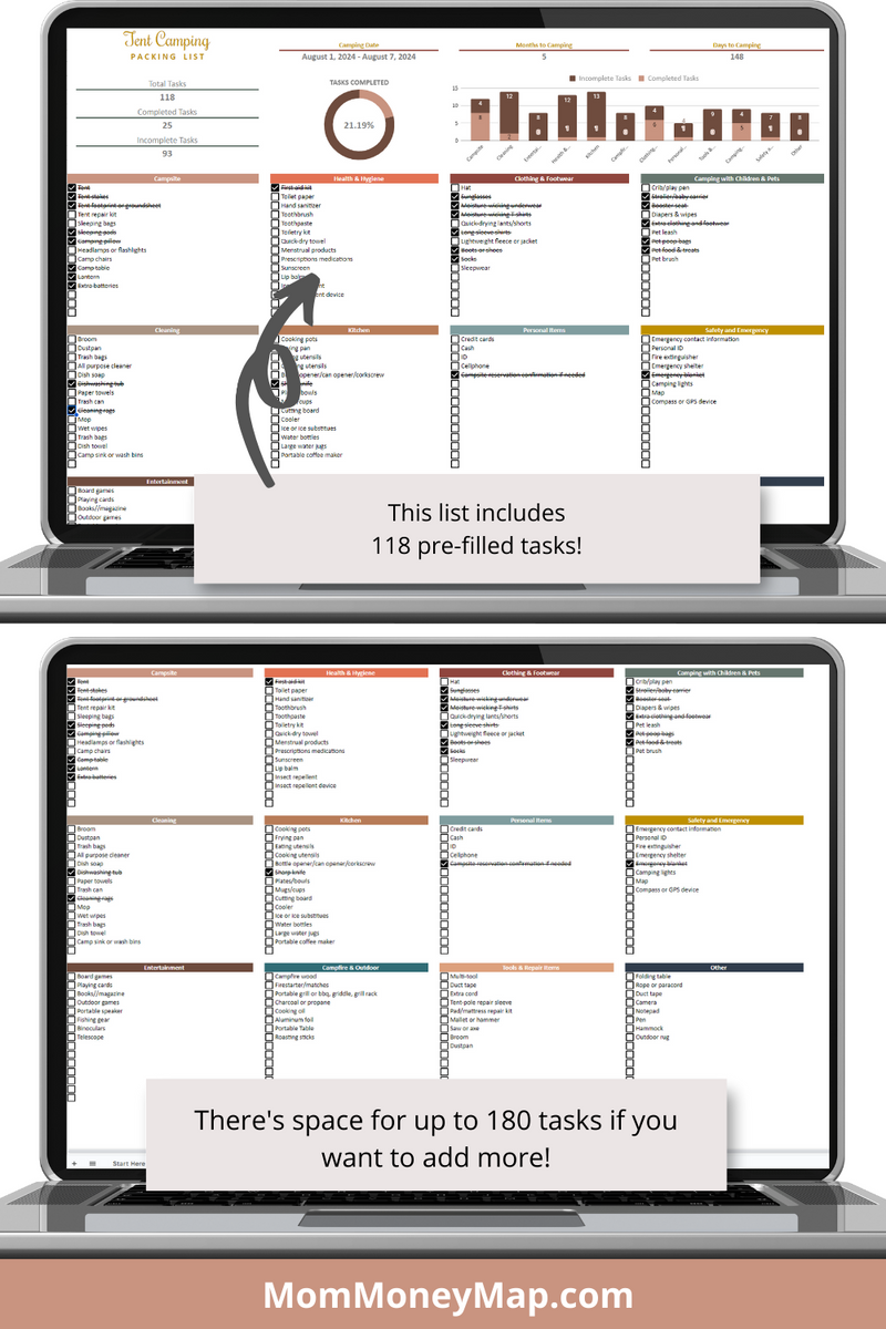 Tent Camping Checklist Google Sheets Spreadsheet Mom Money Map