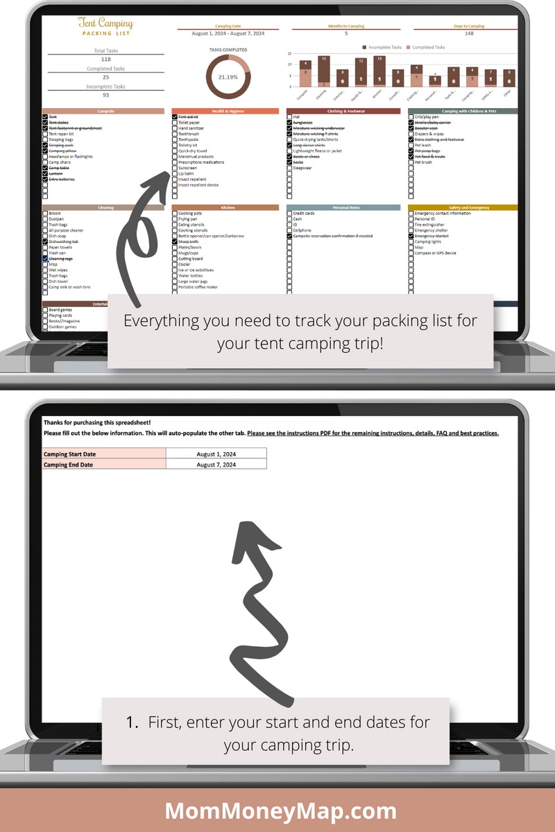 Tent Camping Checklist Google Sheets Spreadsheet Mom Money Map