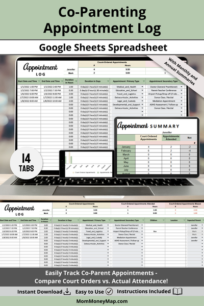 co-parent appointment log with monthly and annual summaries