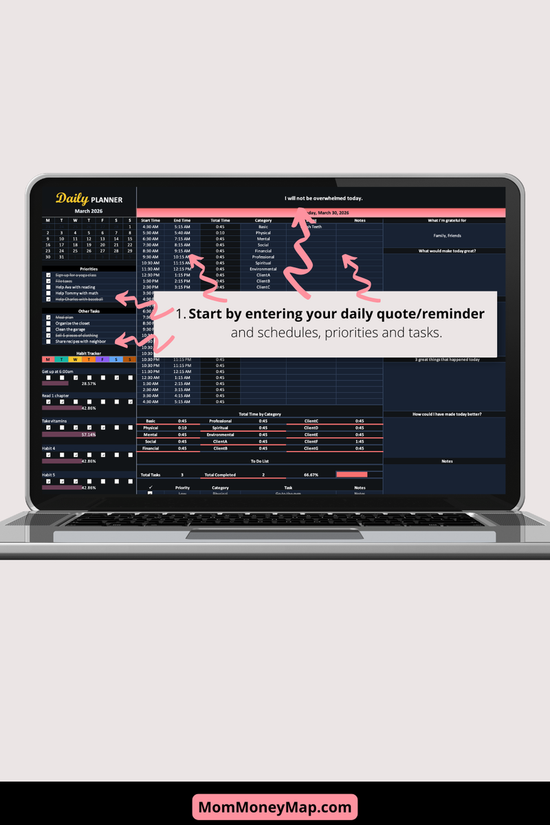 Daily Planner Excel Spreadsheet Dark Theme | Daily Task Organizer – Mom ...