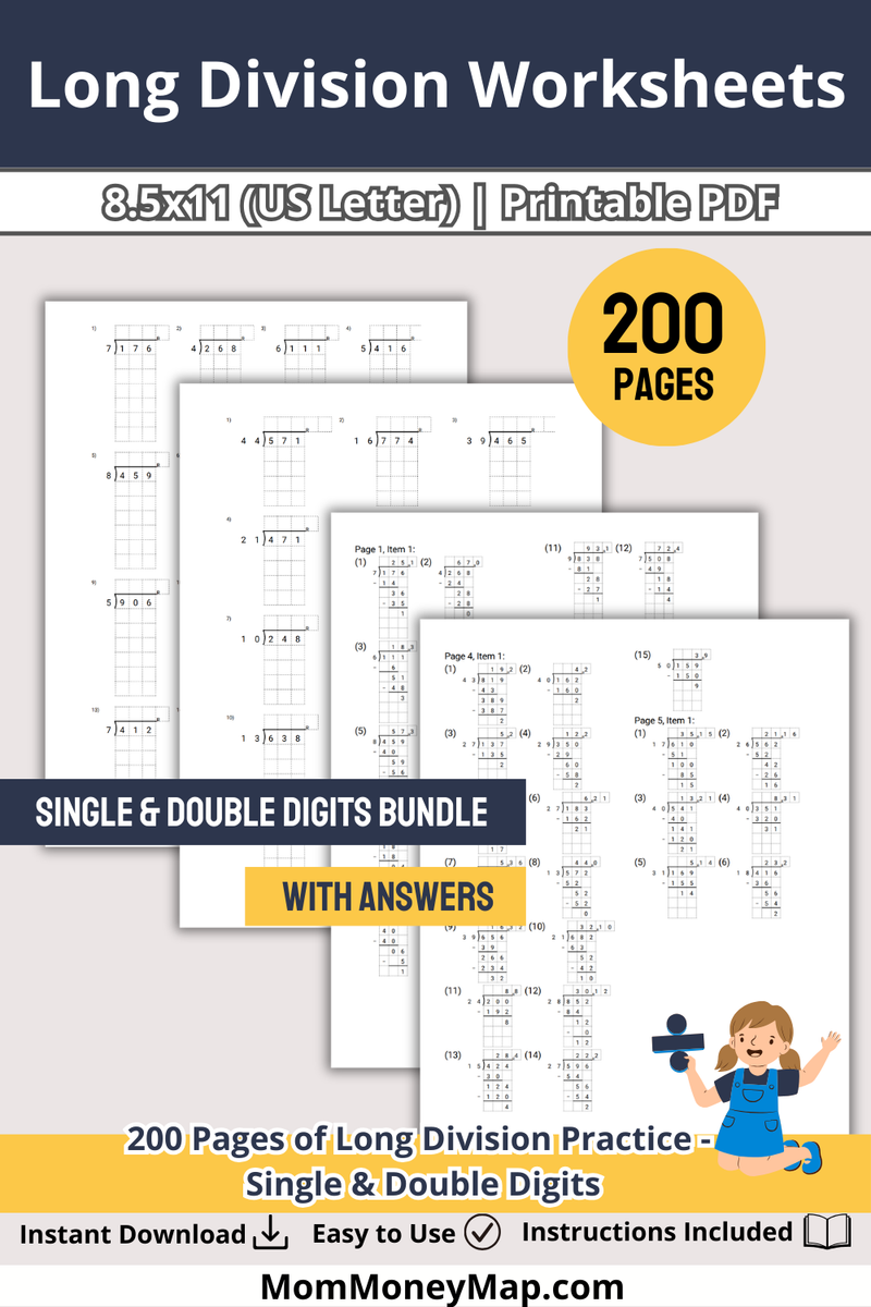 Long Division Worksheets Single and Double Digit Bundle Printable PDF ...