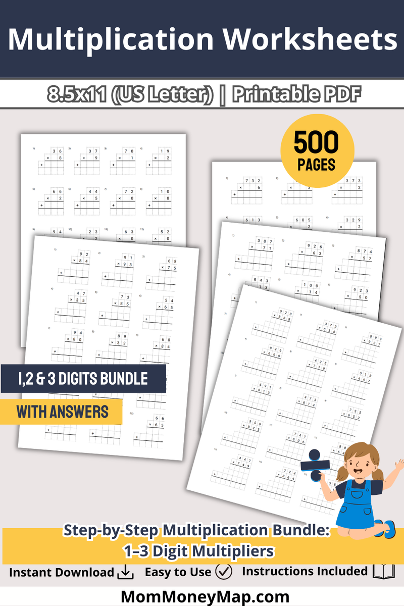 Step by Step Multiplication Worksheets Bundle Multi-Digit Printable ...