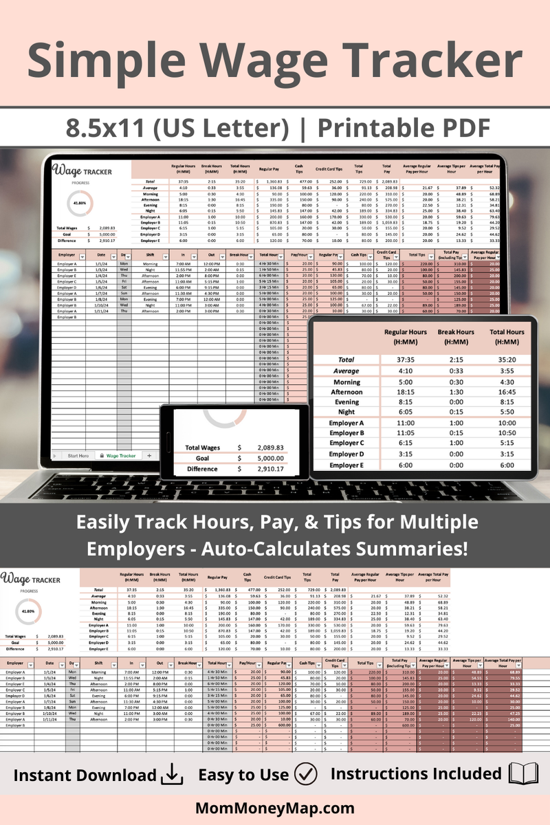 Simple Wage Tracker Excel Spreadsheet Income Log & Paycheck Organizer ...