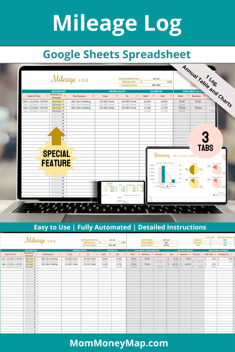 Mileage Log Google Sheets Spreadsheet - Business vs. Personal Expenses ...