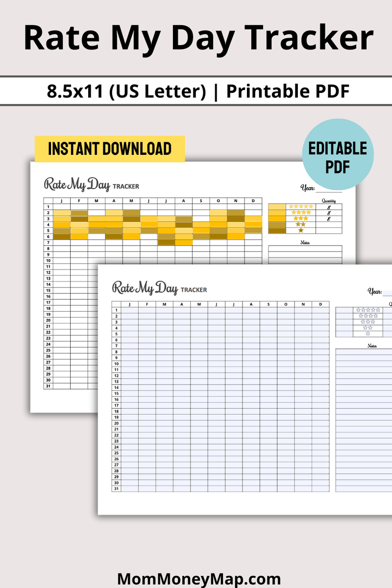 Rate My Day Tracker Printable PDF for Daily Reflection & Productivity ...