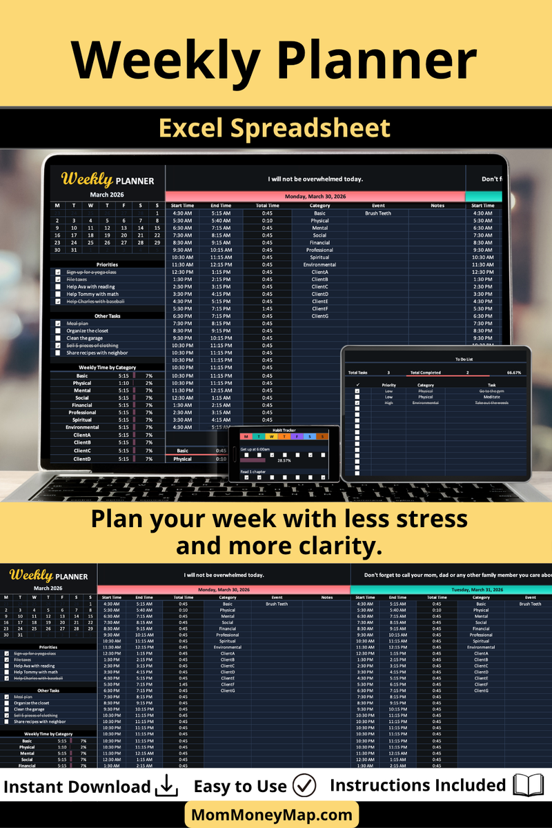 Weekly Planner Excel Spreadsheet Dark Theme | Weekly Organizer – Mom ...