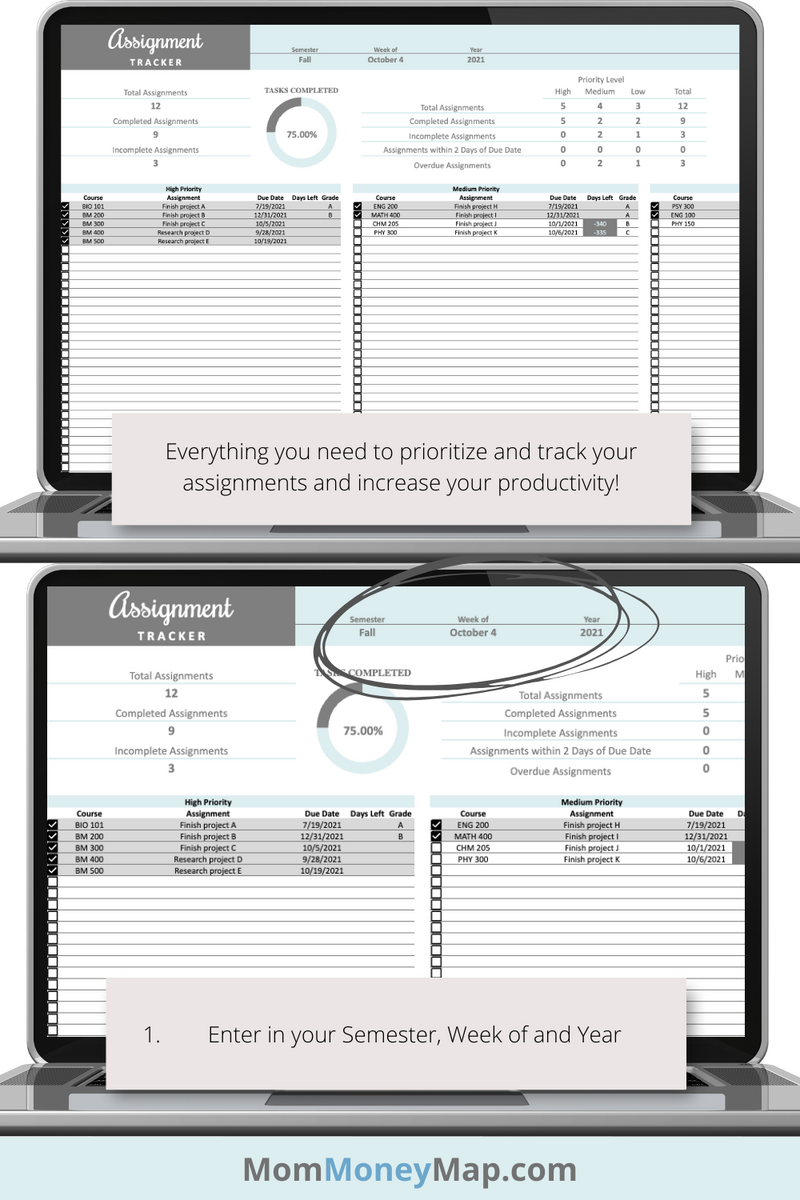 Assignment Tracker Google Sheets – Blue Homework & Task Organizer – Mom ...