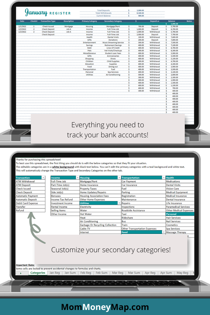Bank Transactions Register Excel Spreadsheet – Personal Finance Tracker ...