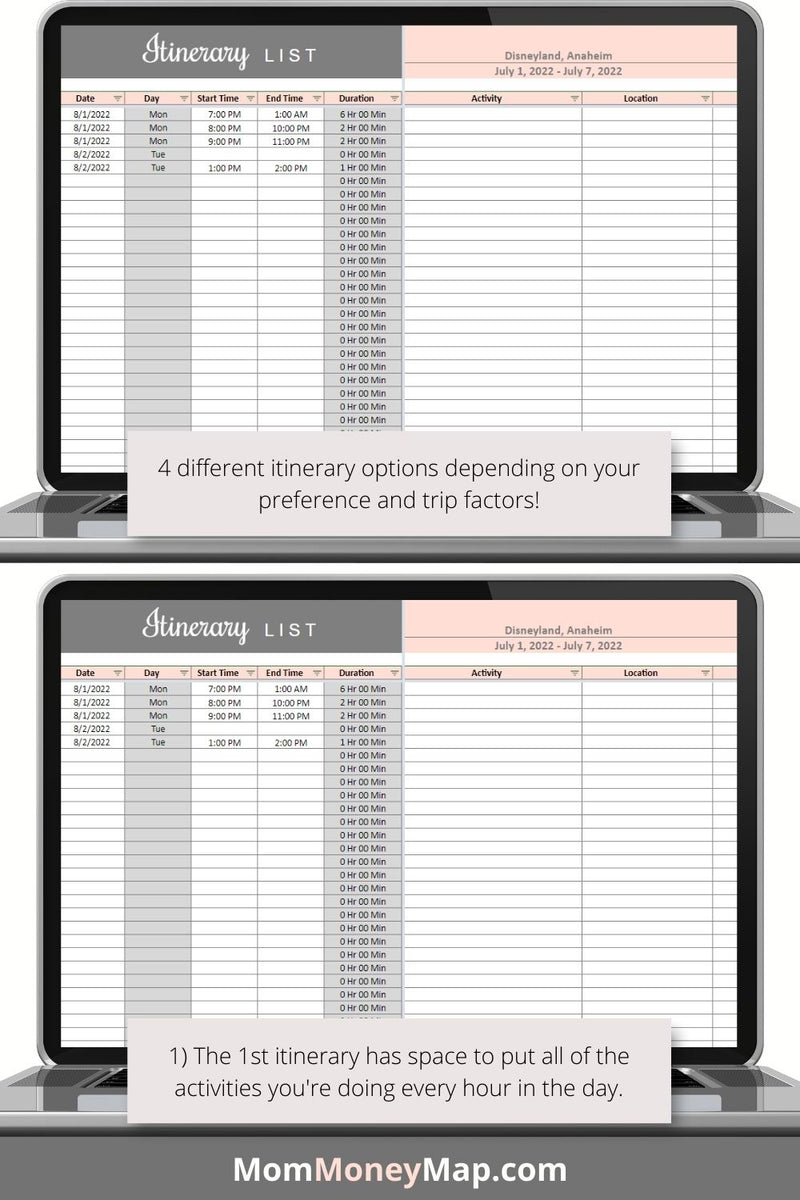 Vacation Itinerary Google Sheets Spreadsheet – Mom Money Map