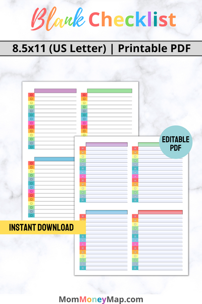 Money Checklist.pdf Blank Checklist Printable PDF – Multi-Color Task Tracker – Mom Money Map