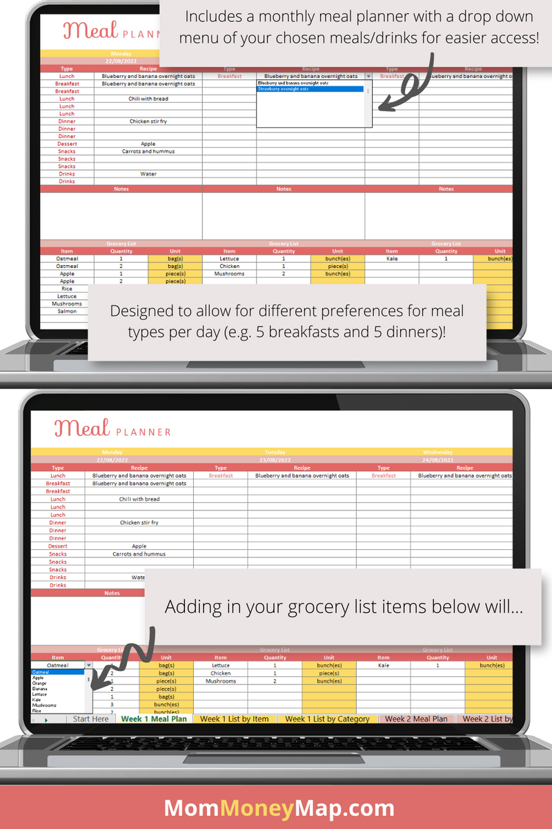 Meal Planner Excel Spreadsheet with Automated Grocery List - Coral ...