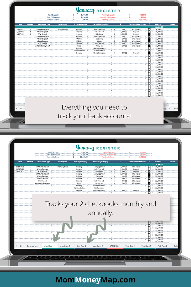 Check Transaction Spreadsheet 2 Checkbook Registers Google Sheets Spreadsheet with Monthly & Annual ...