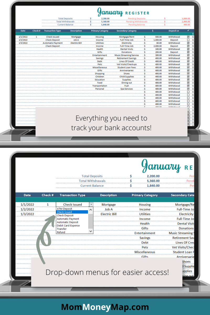 Checkbook Register Excel Spreadsheet with Monthly Summaries Mom Money Map