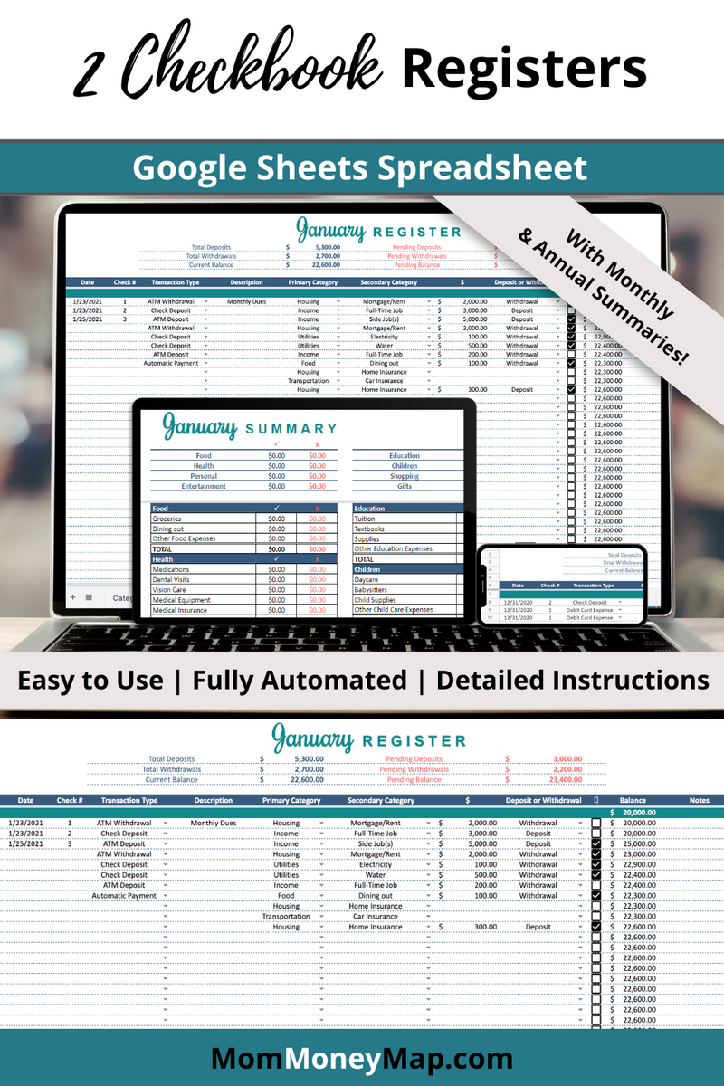2 Checkbook Registers Google Sheets Spreadsheet with Monthly & Annual