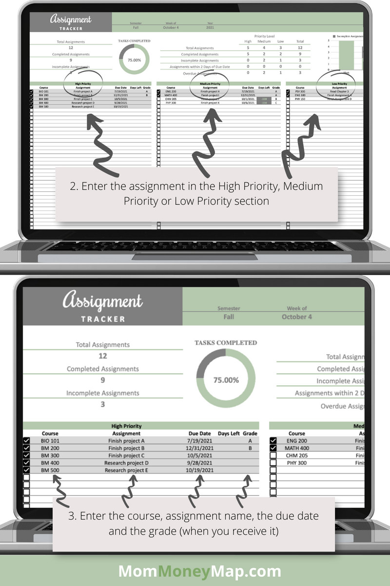 Assignment Tracker Google Sheets – Green Homework & Task Organizer ...