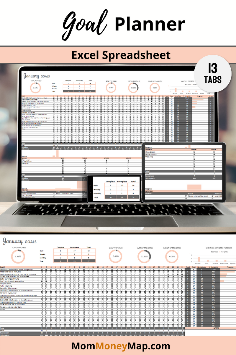 Goal Tracker Excel Spreadsheet – Personal & Professional Progress – Mom ...