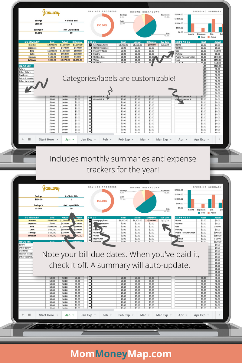 Easy Monthly Budget Google Sheets Spreadsheet with Extra Subcategories ...