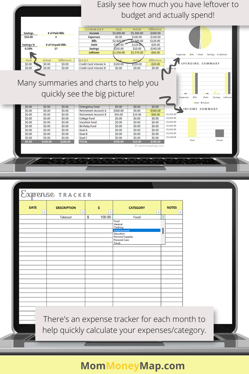 Monthly and Annual Budget Excel Spreadsheet Template - Yellow – Mom ...