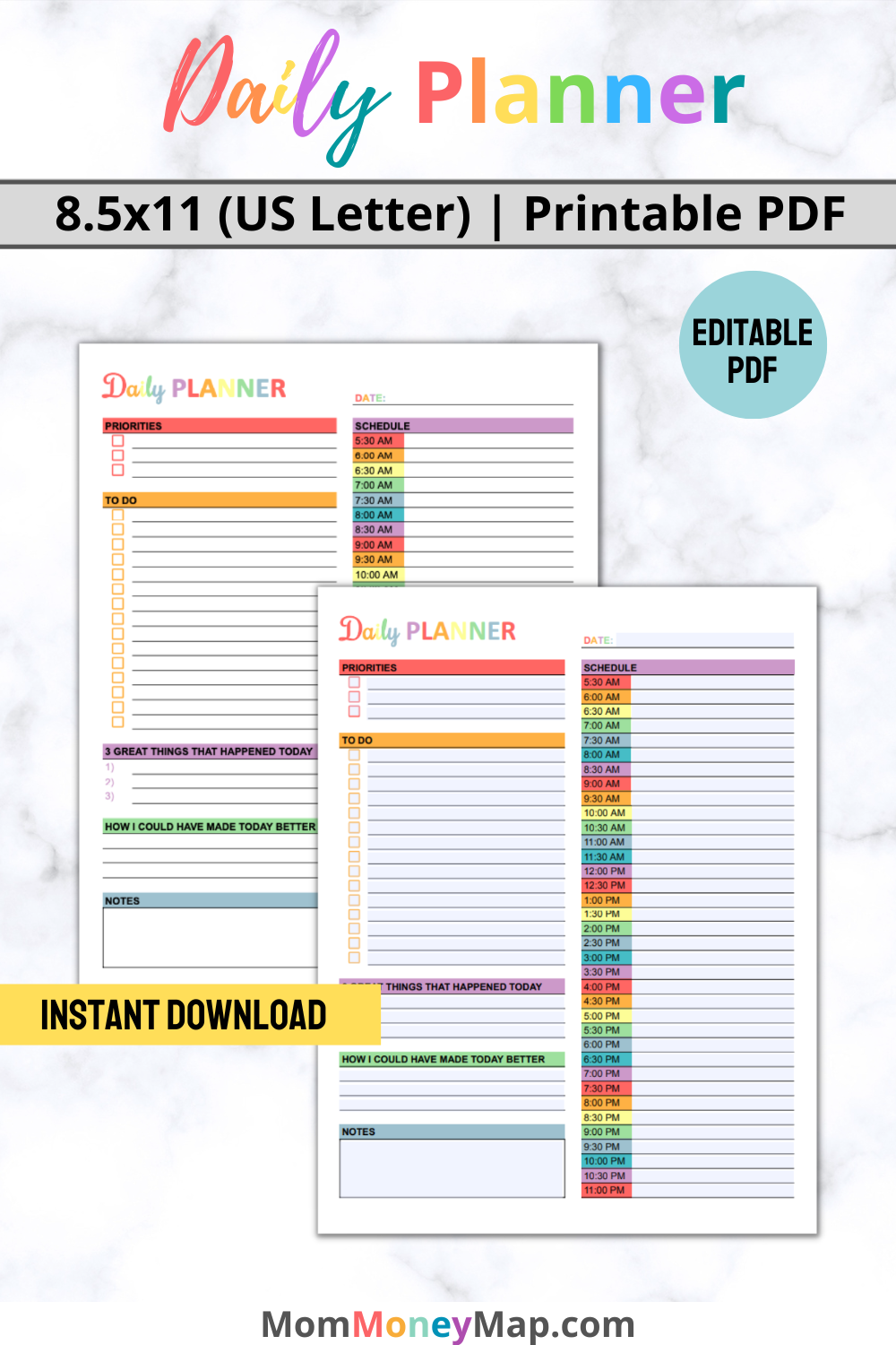 Daily Planner Printable PDF - Multi-Color – Mom Money Map for Free Printable Pdf Daily Planner