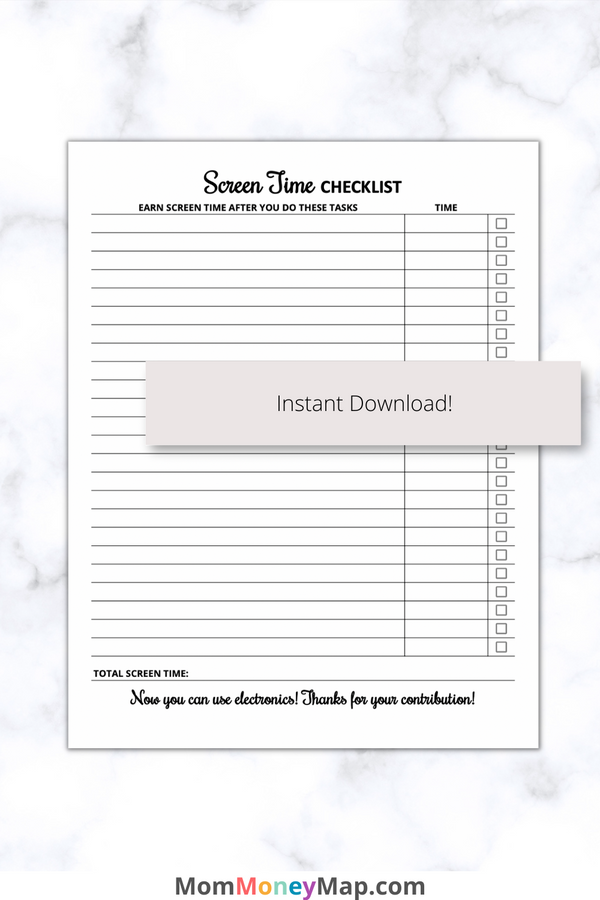 Screen Time Checklist Printable PDF – Mom Money Map for Free Printable Earning Screen Time Chart